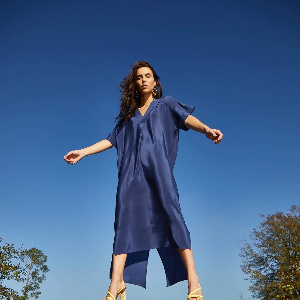 Inclán Studio Octavia Kaftan Dress Sz XS Blue 100% Silk V-Neck Maxi Caftan $495